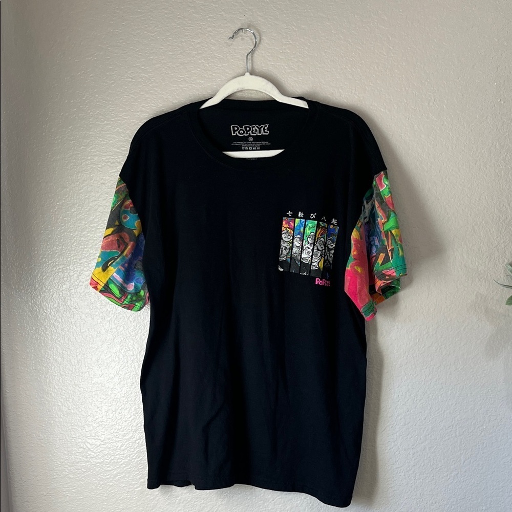 womens black t-shirt Popeye graphic pocket multicolored patterned sleeves Sz XL